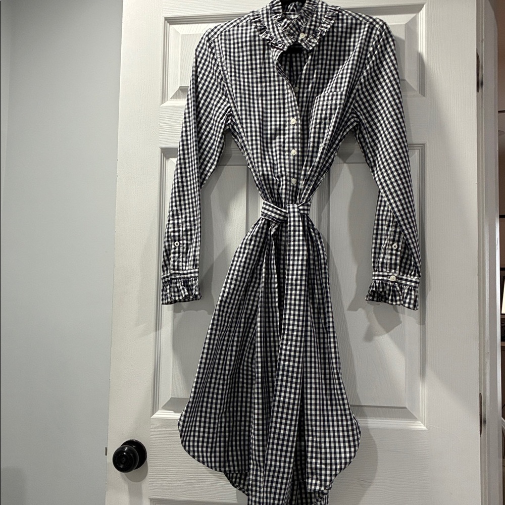 J. Crew Black & White Checkered Dress Long-Sleeved Ruffled Cuffs and Collar Sz 4